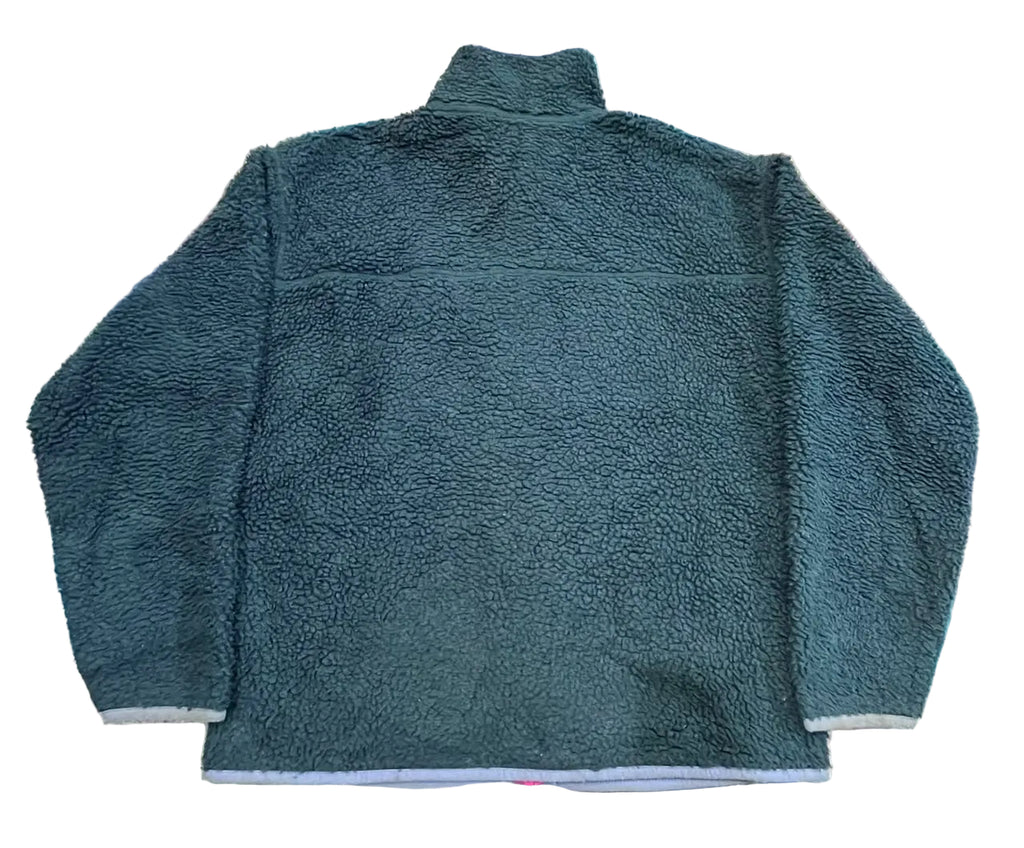 A dark teal fleece quarter-zip pullover jacketshowing the back view.