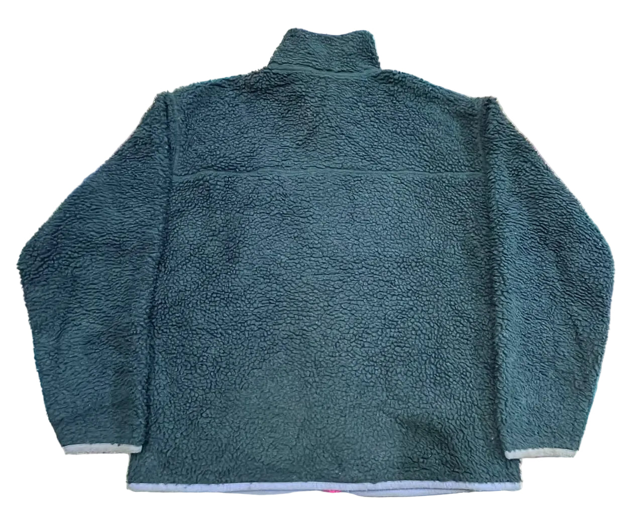 A dark teal fleece quarter-zip pullover jacketshowing the back view.