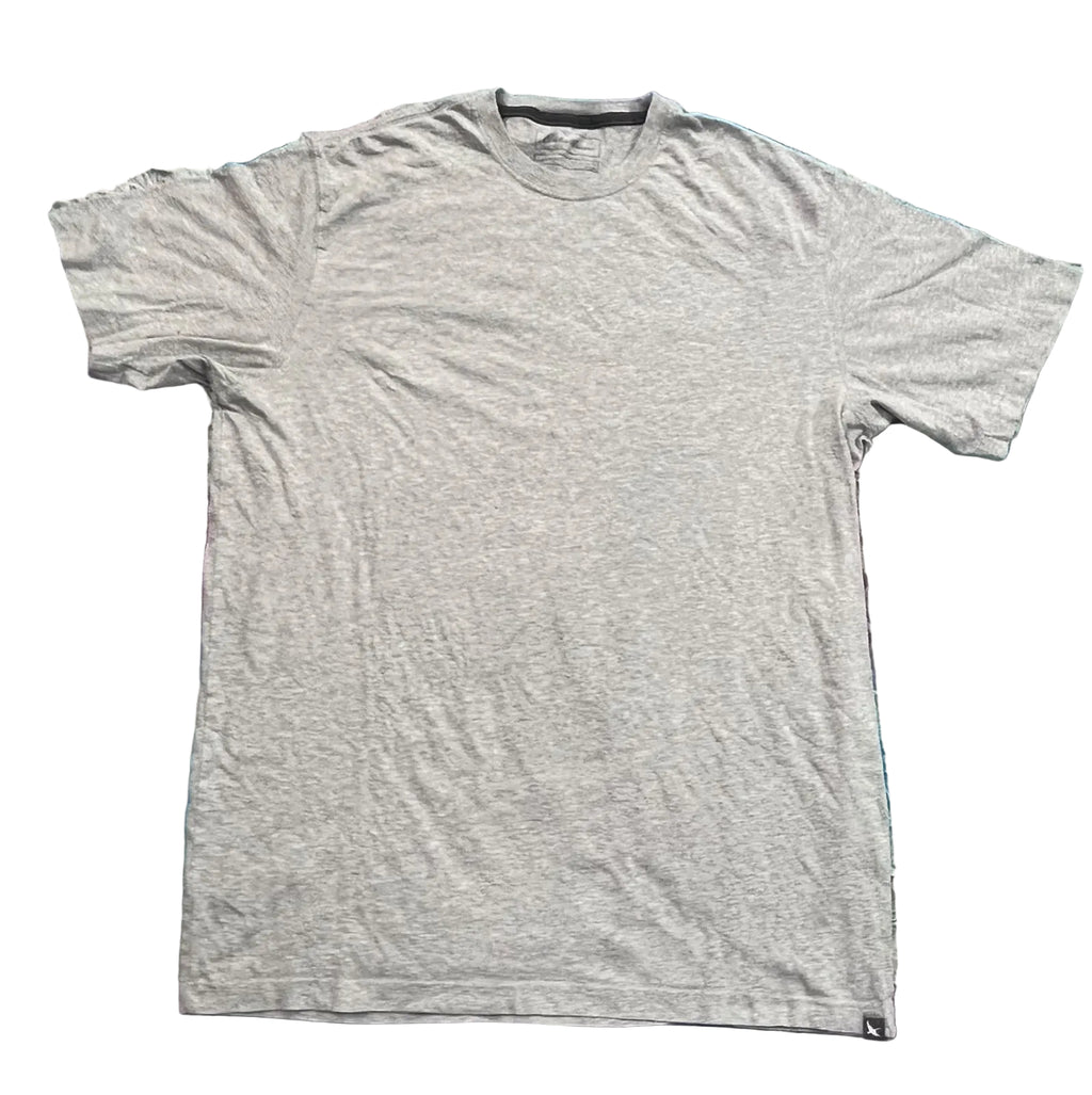 A light gray heather crewneck t-shirt ON WHITE BACKGROUND