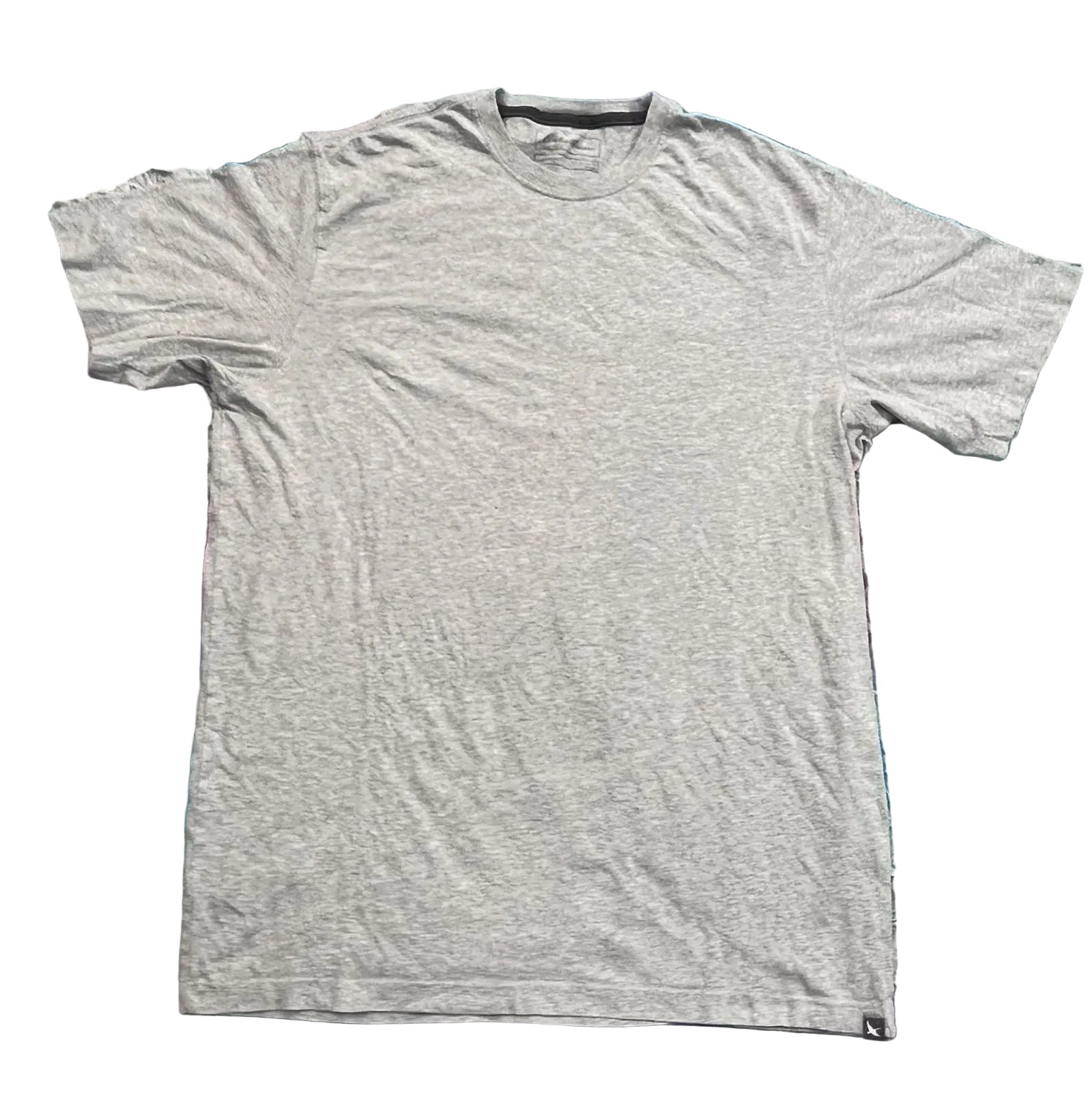 A light gray heather crewneck t-shirt ON WHITE BACKGROUND