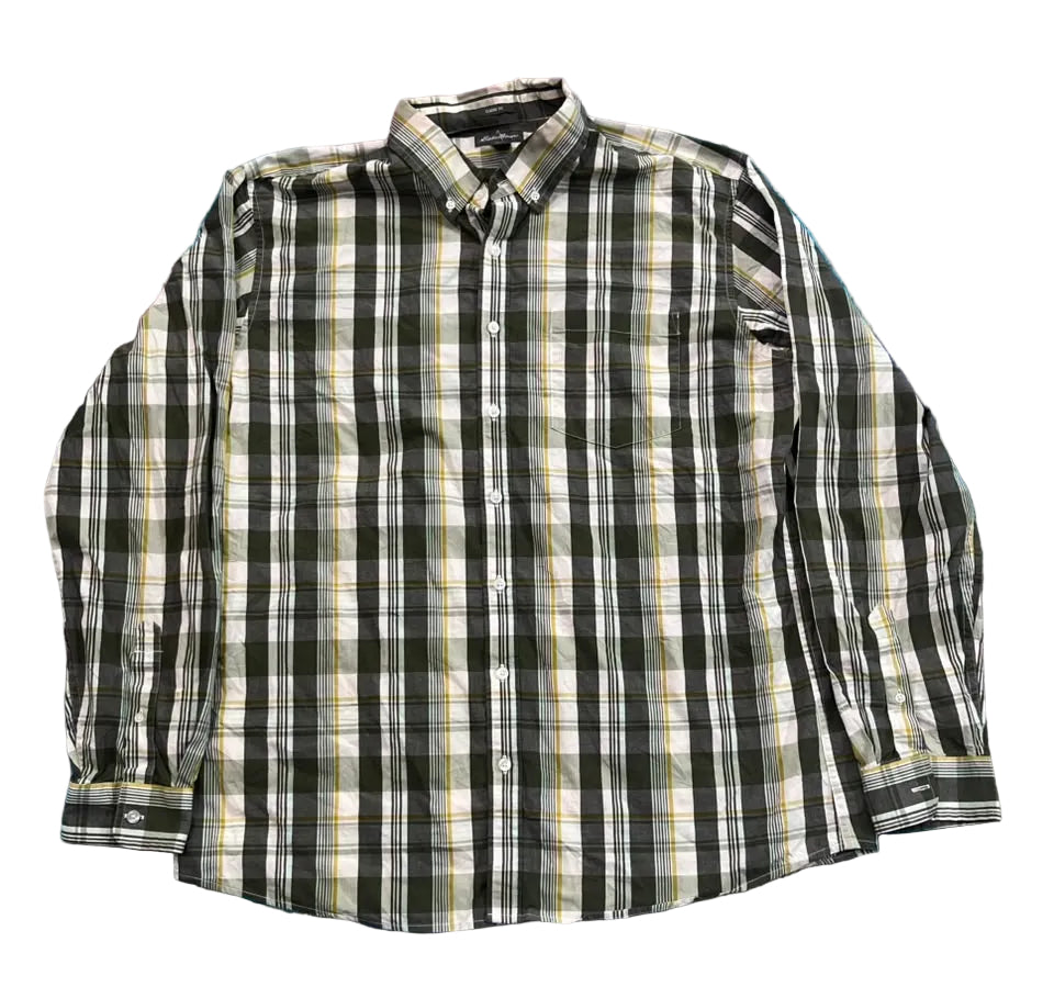A long-sleeve plaid button-up shirt , with bare feet visible at the bottom edge.