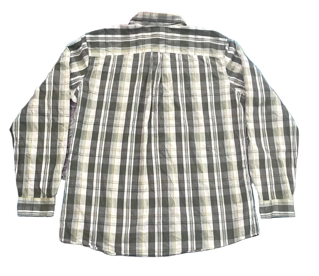 A long-sleeve plaid button-up shirt. The shirt features a vertical plaid pattern in olive green, beige, and white.