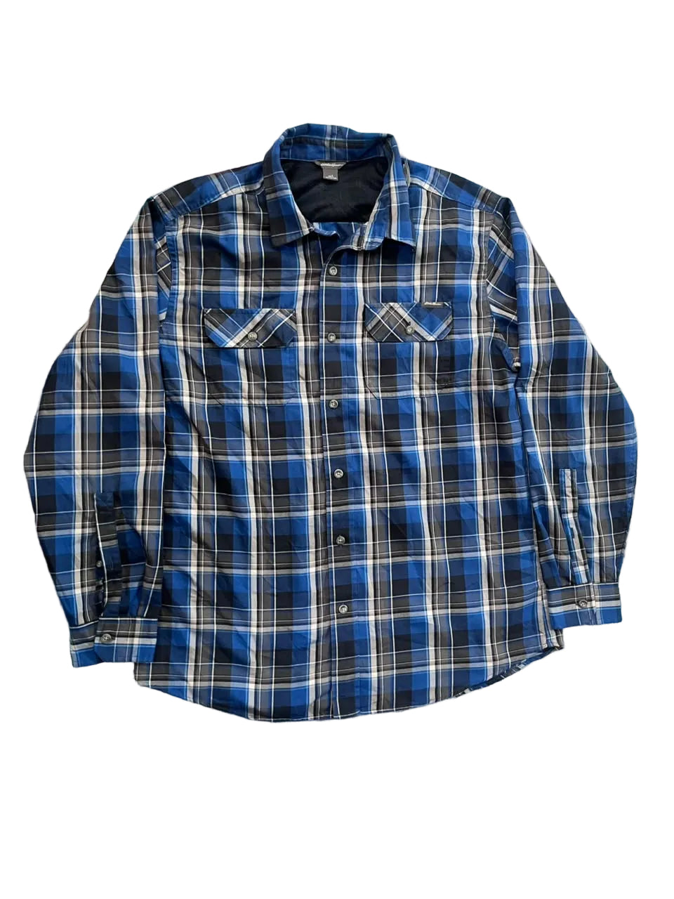A blue and black plaid long-sleeve button-up shirt