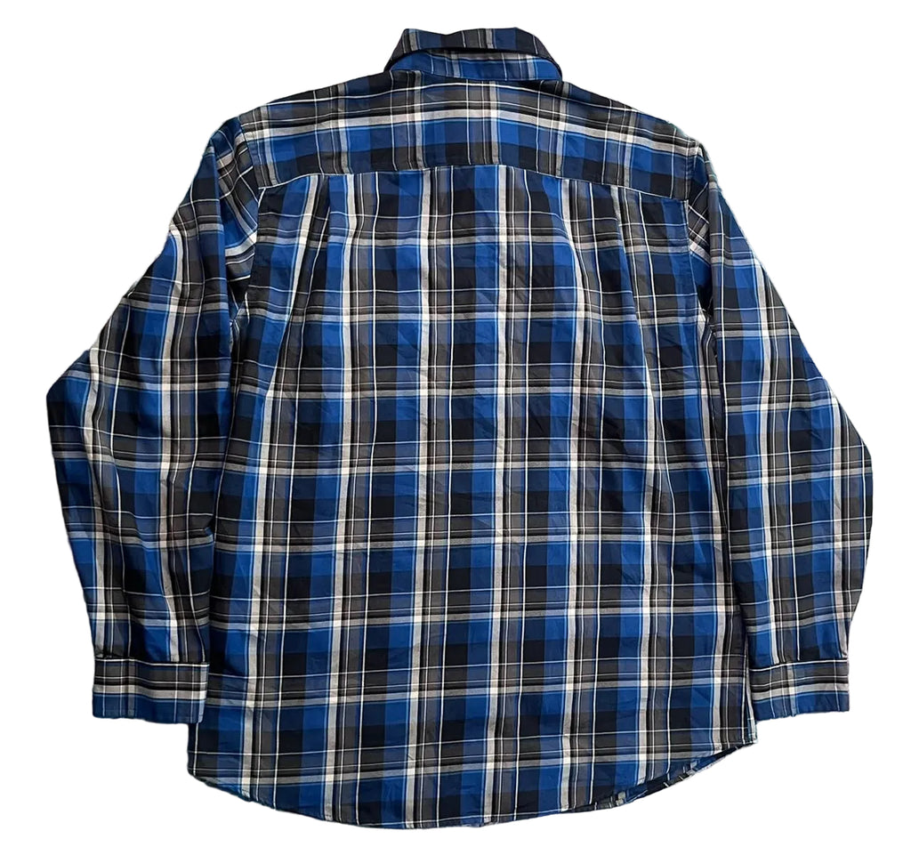 A blue, black, and white plaid long-sleeve button-up shirt