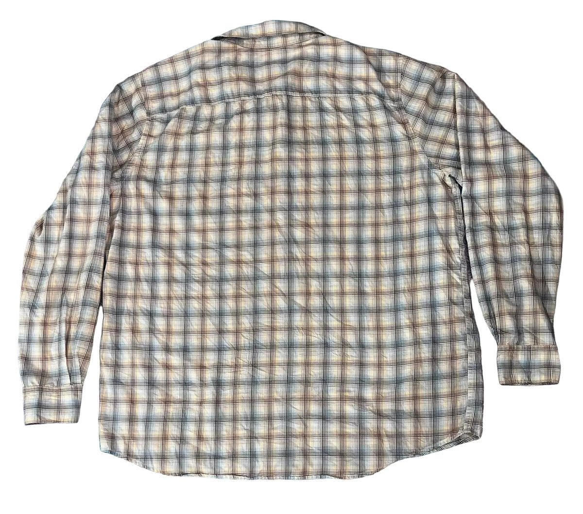 A long-sleeve plaid button-up shirt The shirt features a beige, blue, and brown plaid pattern.