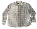 A long-sleeve plaid button-up shirt  The shirt features a beige, brown, and gray plaid pattern with black buttons.