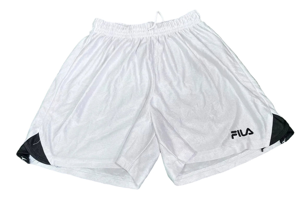 White FILA athletic shorts with black side accents,