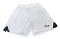 White FILA athletic shorts with black side accents,