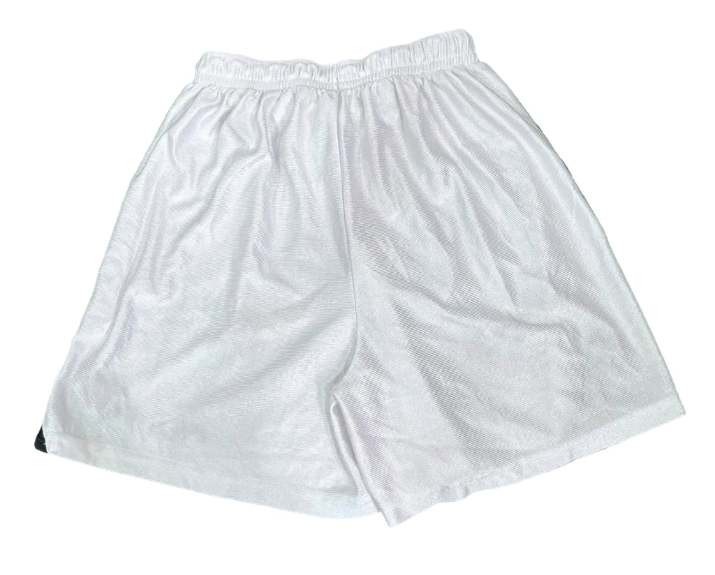 White athletic shorts with an elastic waistband