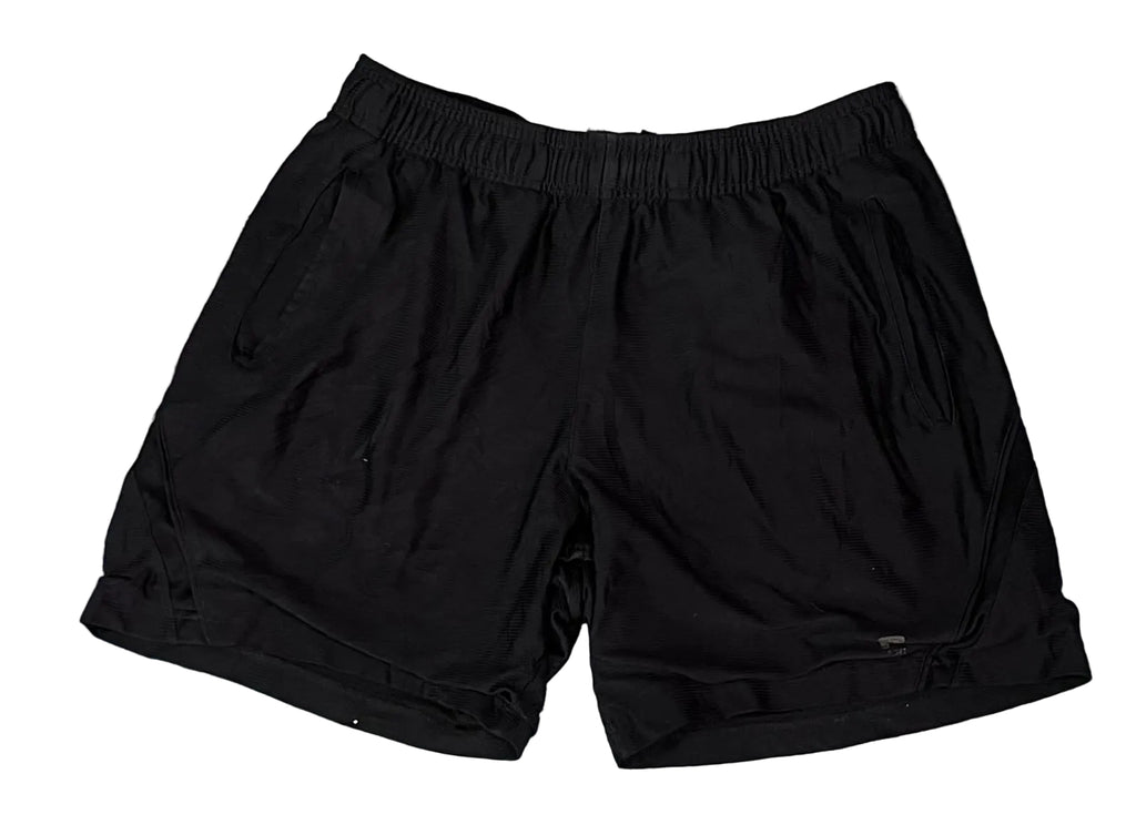 Black athletic shorts with an elastic waistband, 