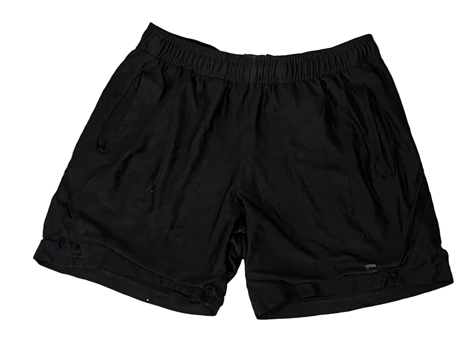 Black athletic shorts with an elastic waistband, 