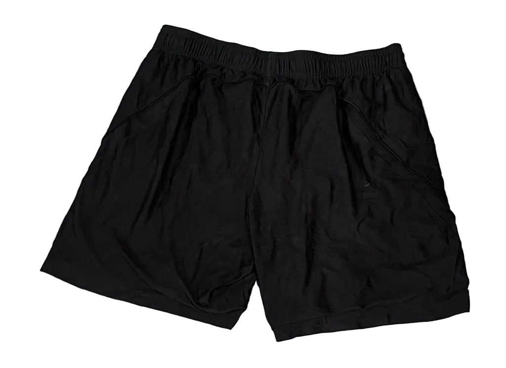 Black athletic shorts with an elastic waistband and drawstring,