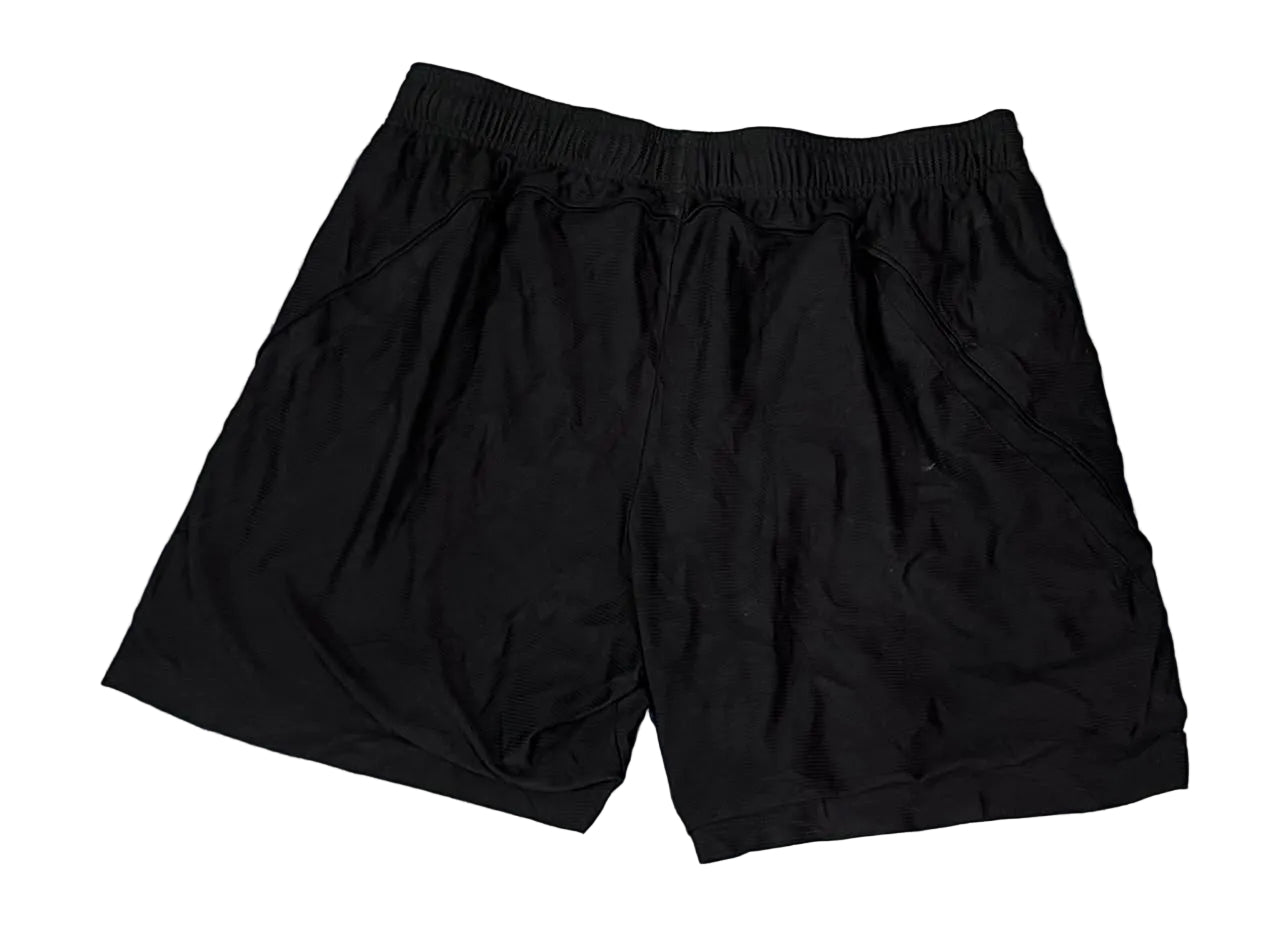 Black athletic shorts with an elastic waistband and drawstring,