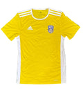 A yellow Adidas soccer jersey with white shoulder stripes, white side panels, and a blue and white Mexico national team crest on the chest