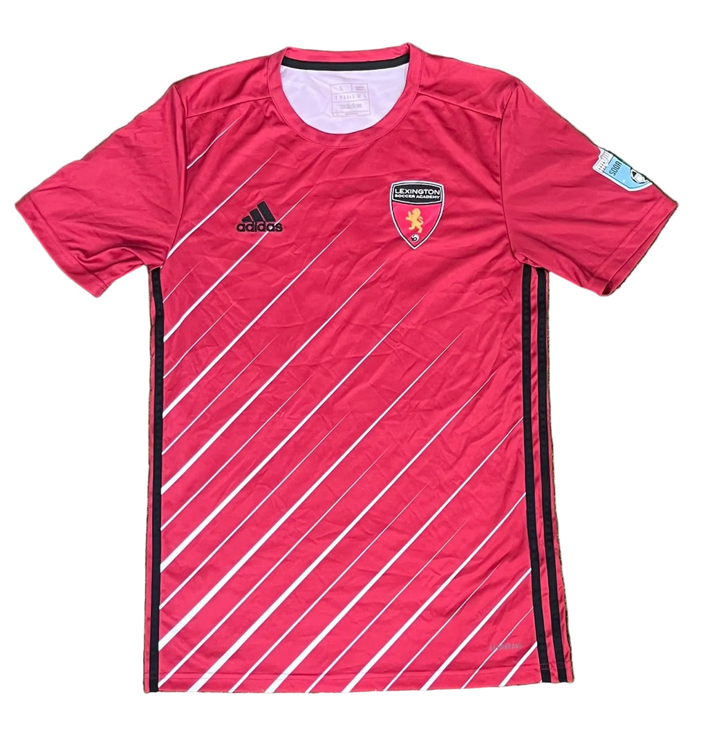 A red short-sleeve soccer jersey with diagonal white stripes, black side stripes, the Adidas logo, and the Southampton FC crest