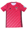 A red short-sleeve soccer jersey with diagonal white stripes, black side stripes, the Adidas logo, and the Southampton FC crest