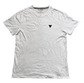 A white short-sleeve crewneck t-shirt by Guess, featuring a small black inverted triangle logo on the left chest, 