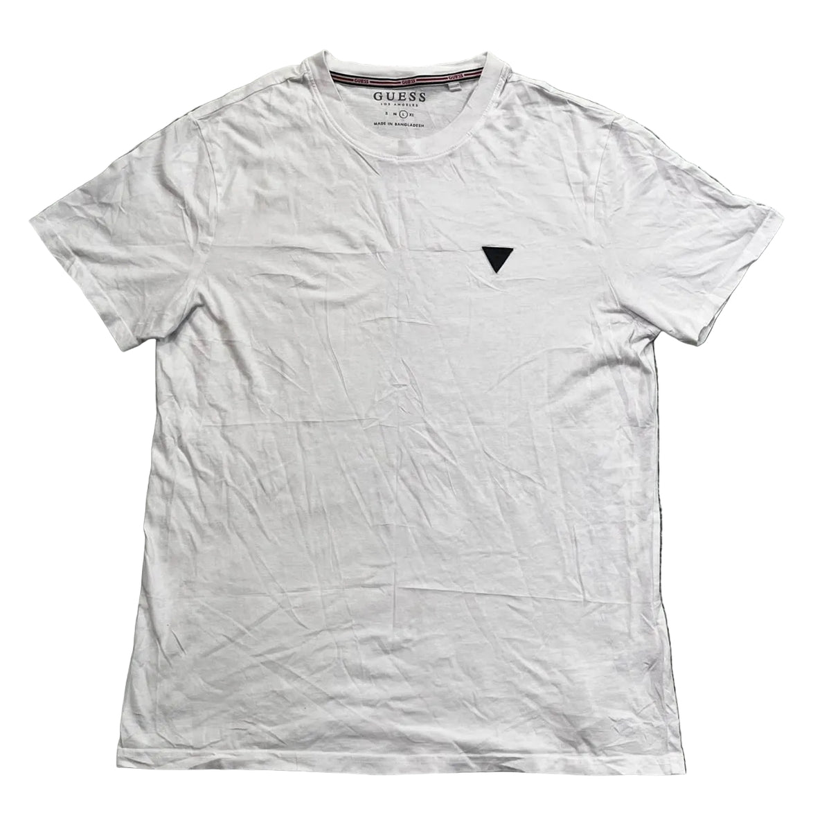 A white short-sleeve crewneck t-shirt by Guess, featuring a small black inverted triangle logo on the left chest, 