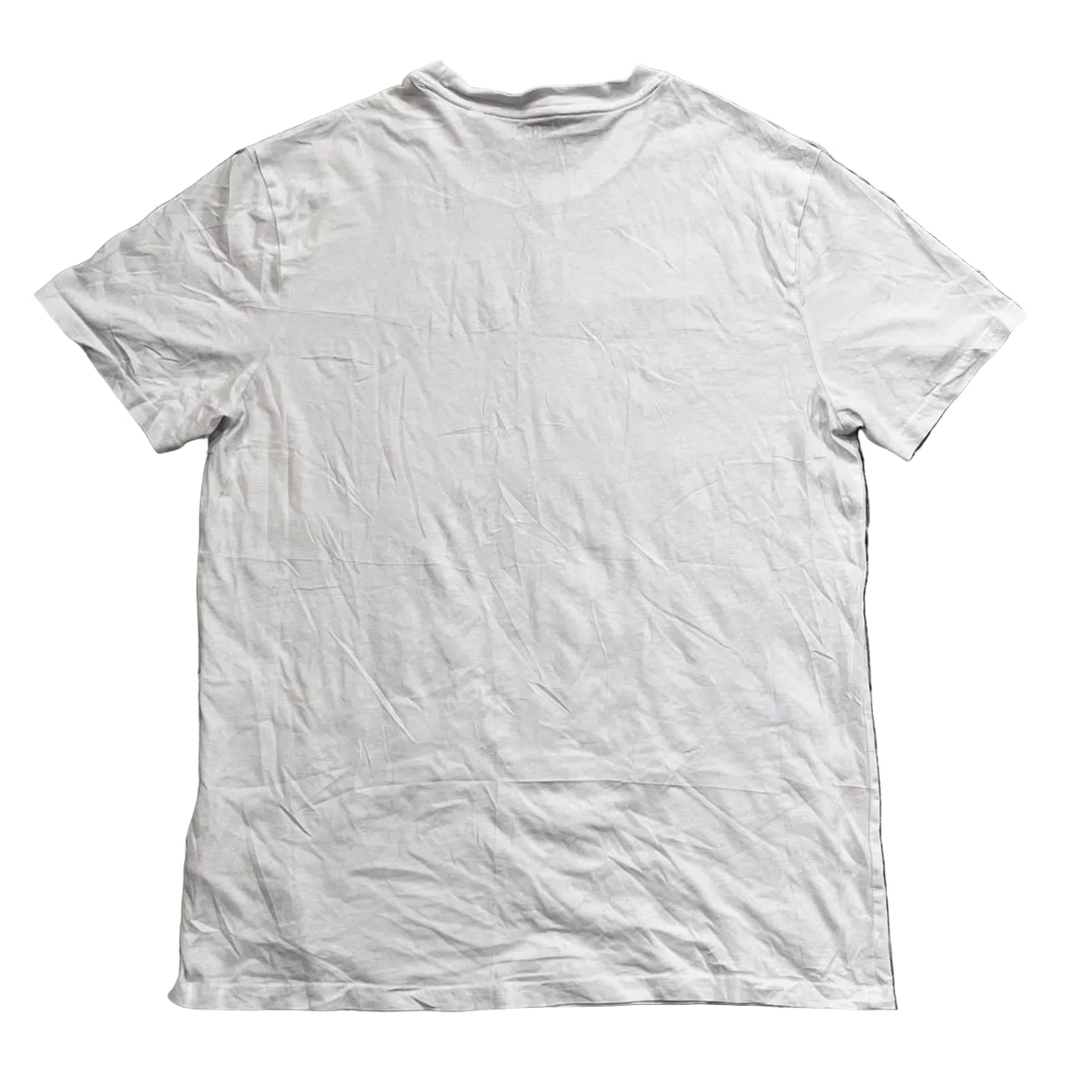 A plain white short-sleeve crewneck t-shirt.