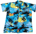A short-sleeve button-up Hawaiian shirt . The shirt features a vibrant tropical print with blue ocean waves, black palm tree silhouettes, yellow sunsets, and orange hibiscus flowers.