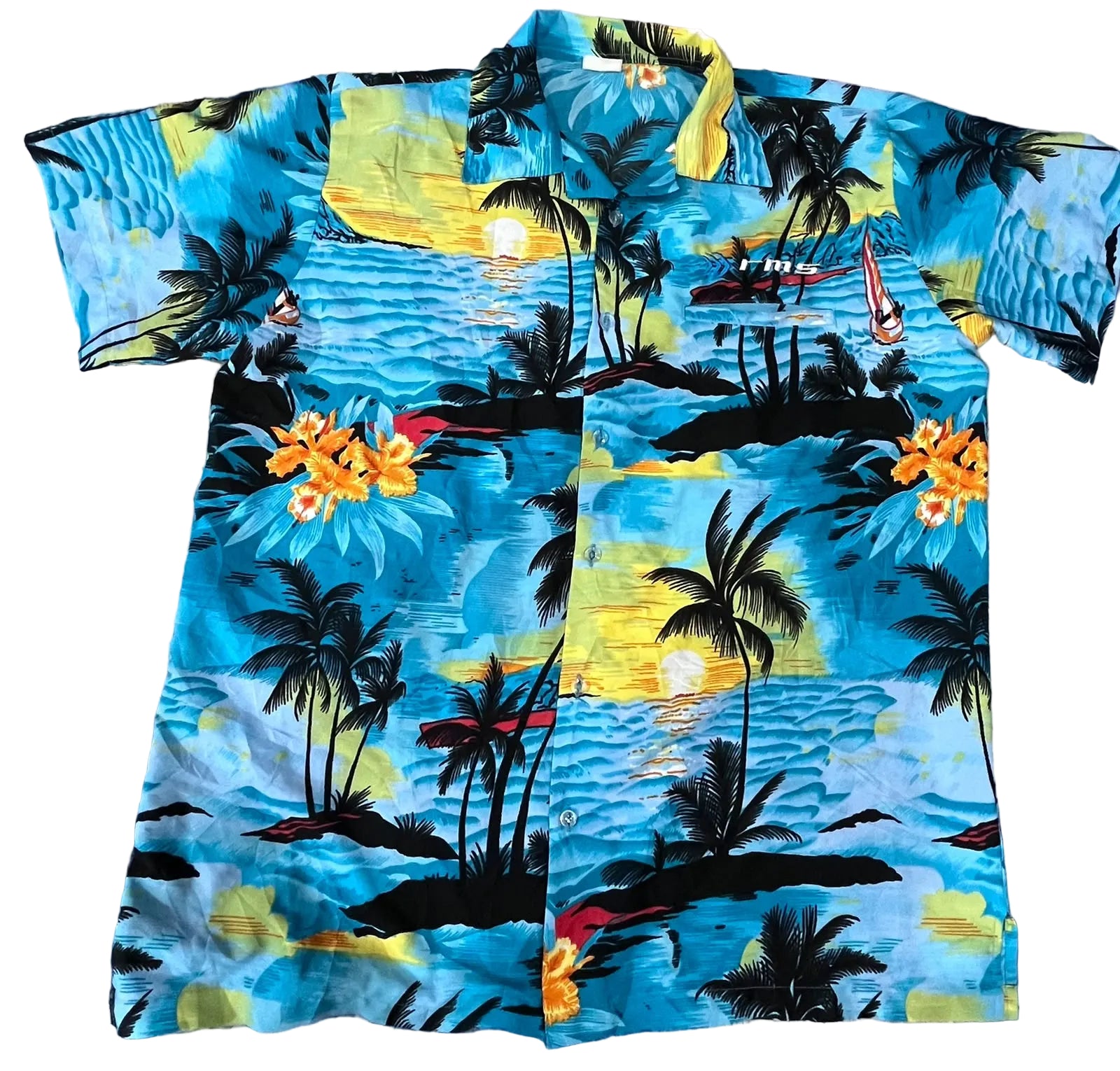 A short-sleeve button-up Hawaiian shirt . The shirt features a vibrant tropical print with blue ocean waves, black palm tree silhouettes, yellow sunsets, and orange hibiscus flowers.