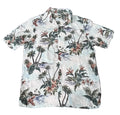 A short-sleeve button-up Hawaiian shirt with a tropical beach print, The shirt features palm trees, starfish, and hibiscus flowers on a white background.