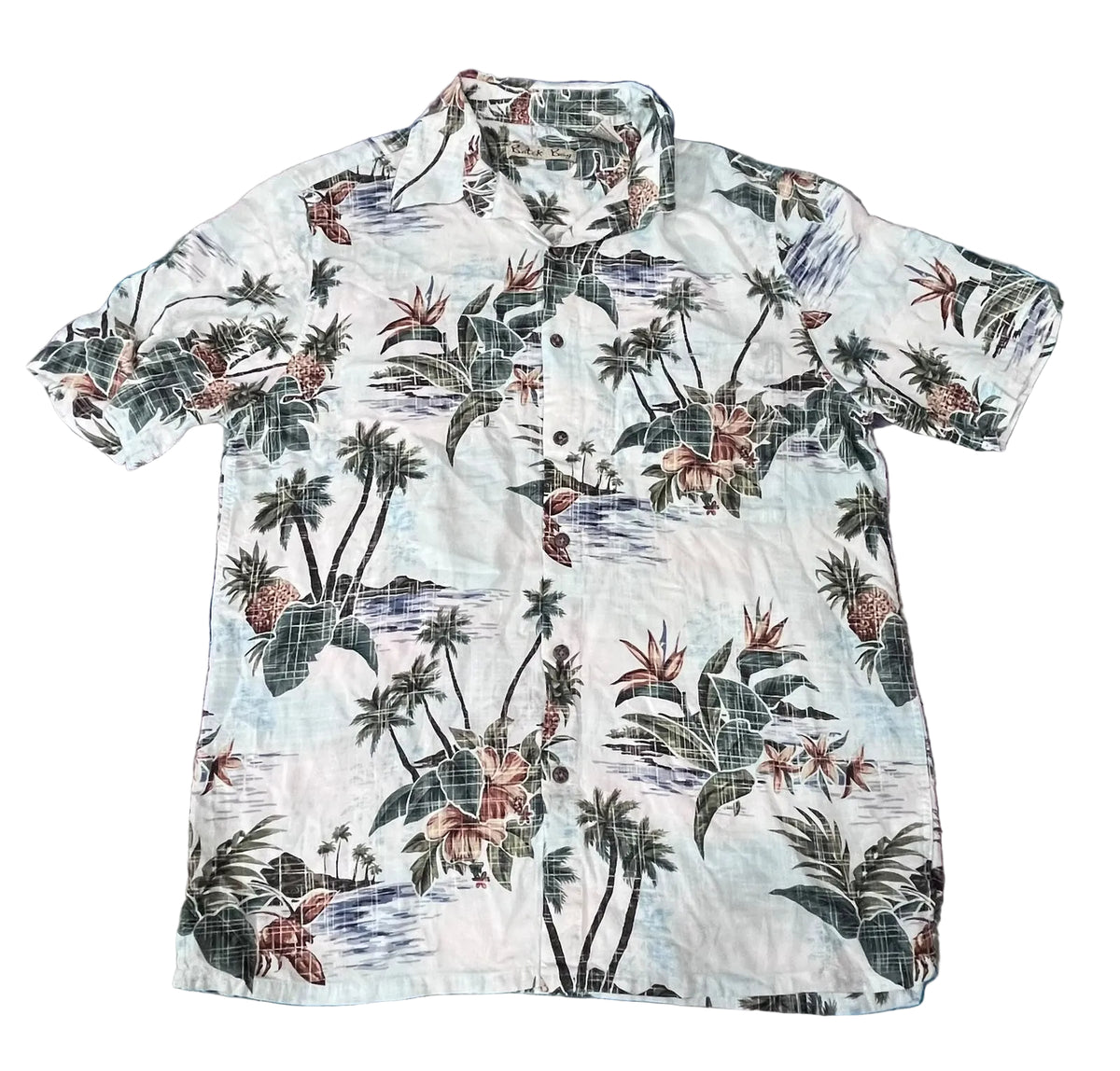 A short-sleeve button-up Hawaiian shirt with a tropical beach print, The shirt features palm trees, starfish, and hibiscus flowers on a white background.