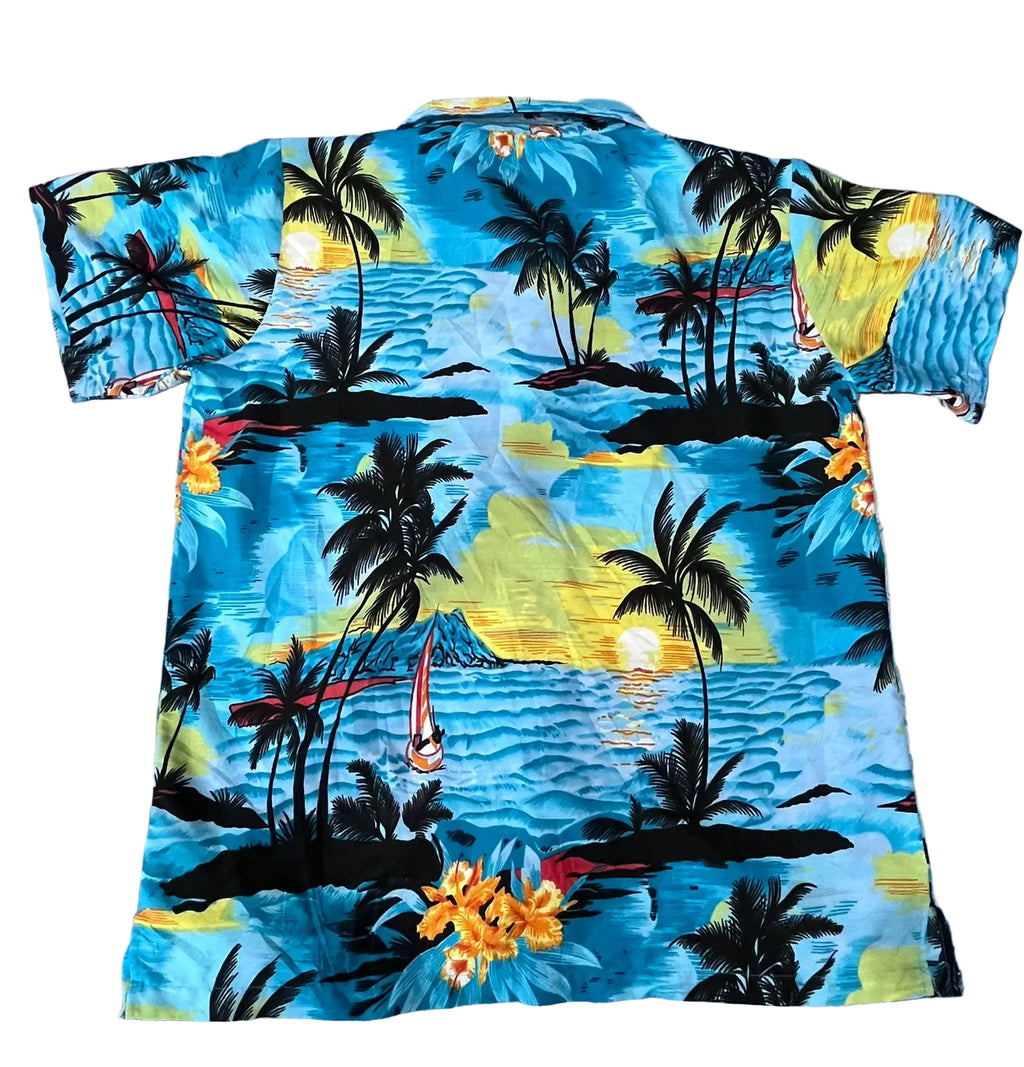 HAWAII MEN SHIRT TREE PRNTED AND BLUE COLOR SHIRT ON WHITE PLAIN BACKGROUND