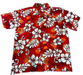 A red short-sleeve Hawaiian-style button-up shirt with a bold white hibiscus floral print,