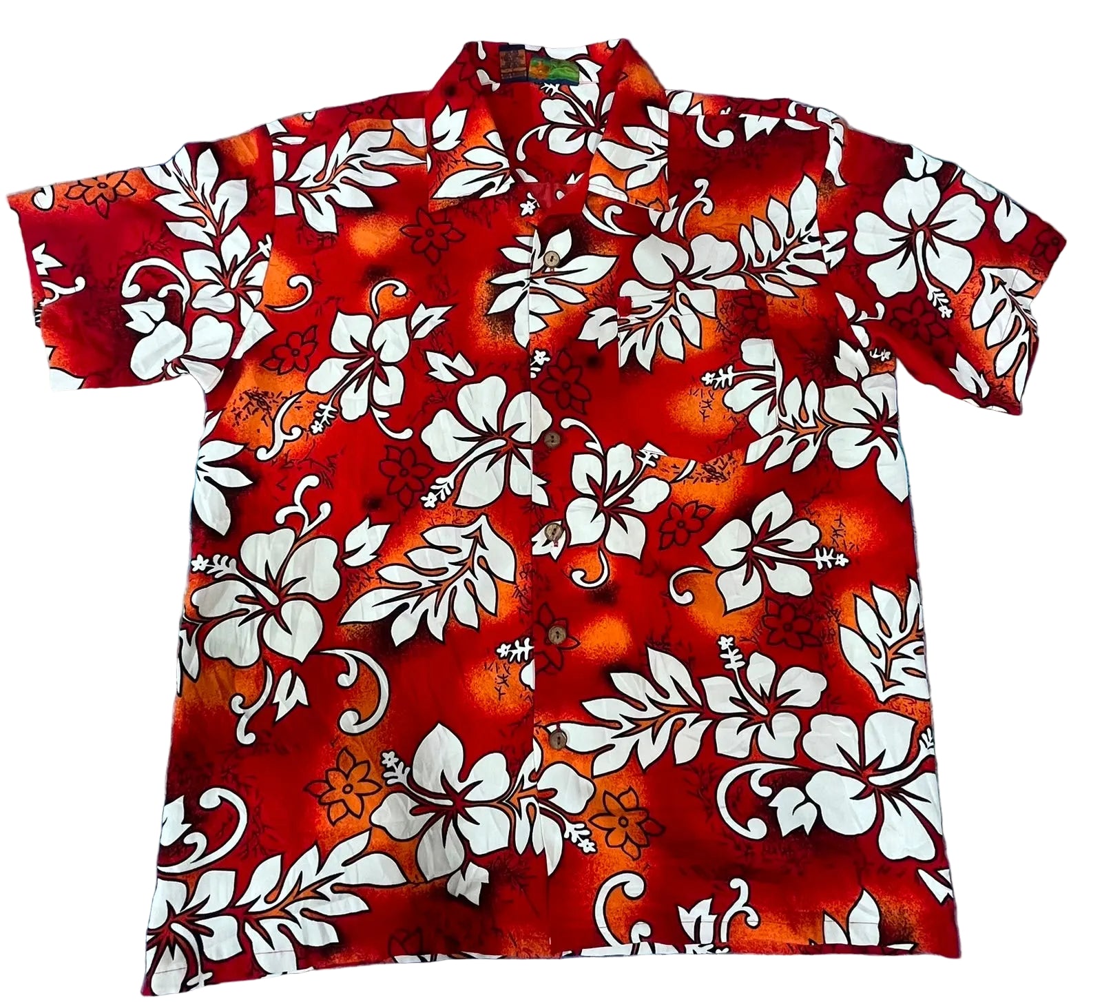 A red short-sleeve Hawaiian-style button-up shirt with a bold white hibiscus floral print,