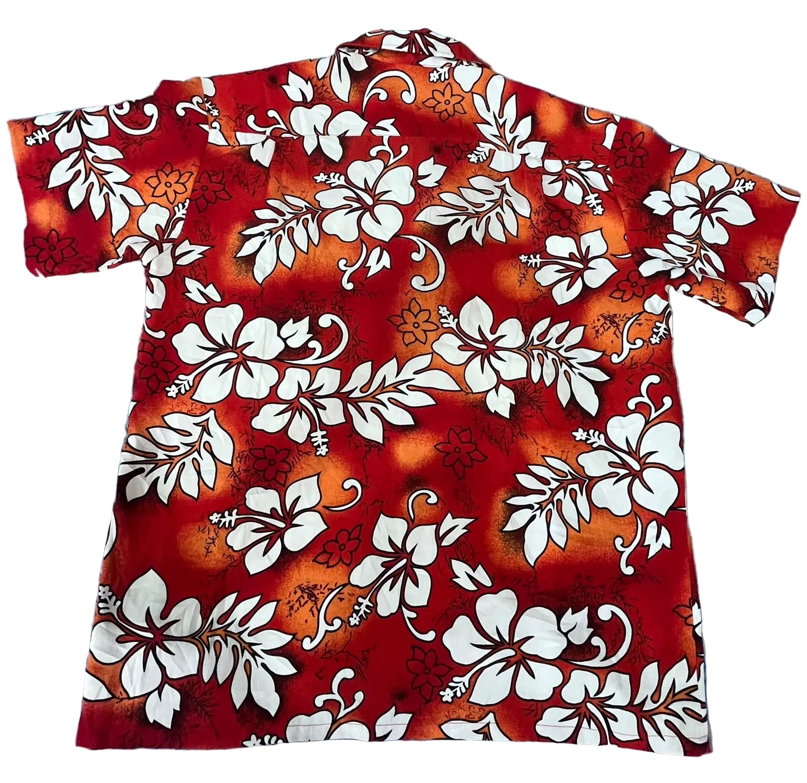 A short-sleeve Hawaiian-style camp shirt with a red and orange gradient background, featuring a white hibiscus floral print
