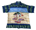 A short-sleeve button-up Hawaiian shirt The shirt features a tropical beach scene print with green palm leaves, a sandy beige beach, blue sky, surfboards, umbrellas, and red classic cars.