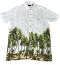 A white short-sleeve button-up shirt  The shirt features a printed graphic of green palm trees along the bottom half, with brown buttons and a black neck label.