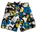 A pair of men's board shorts with a bold abstract floral print in blue, yellow, black, and white,