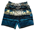 A pair of men's swim trunks with a horizontal striped tropical sunset print in shades of blue, teal, black, and beige, featuring a white drawstring waist,