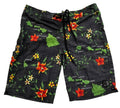 Black board shorts with a Hawaiian-themed print featuring green map silhouettes of islands, red and yellow hibiscus flowers, and white island names