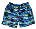 Blue tropical print swim trunks with a watercolor ocean and palm tree design, 