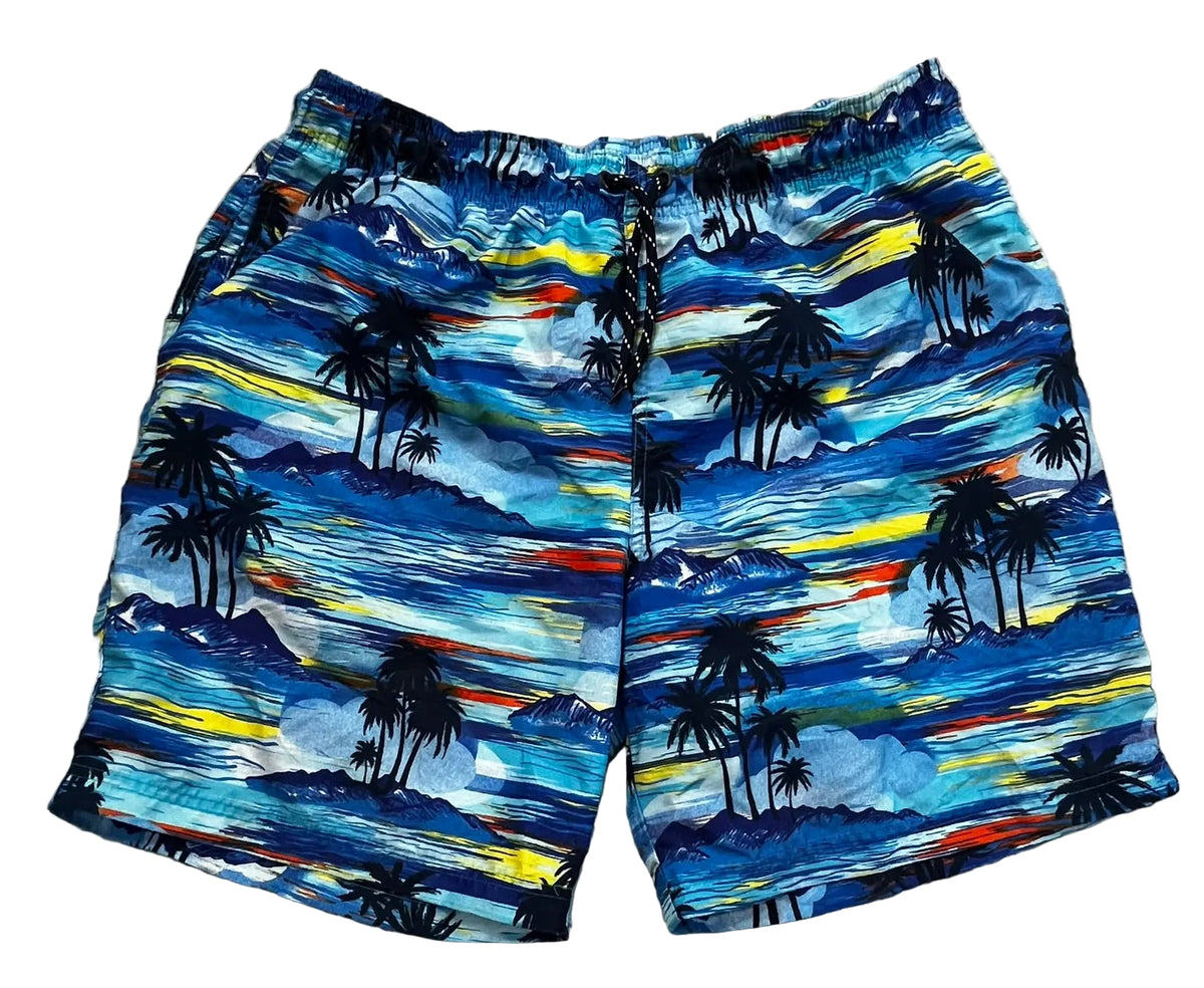 Blue tropical print swim trunks with a watercolor ocean and palm tree design, 