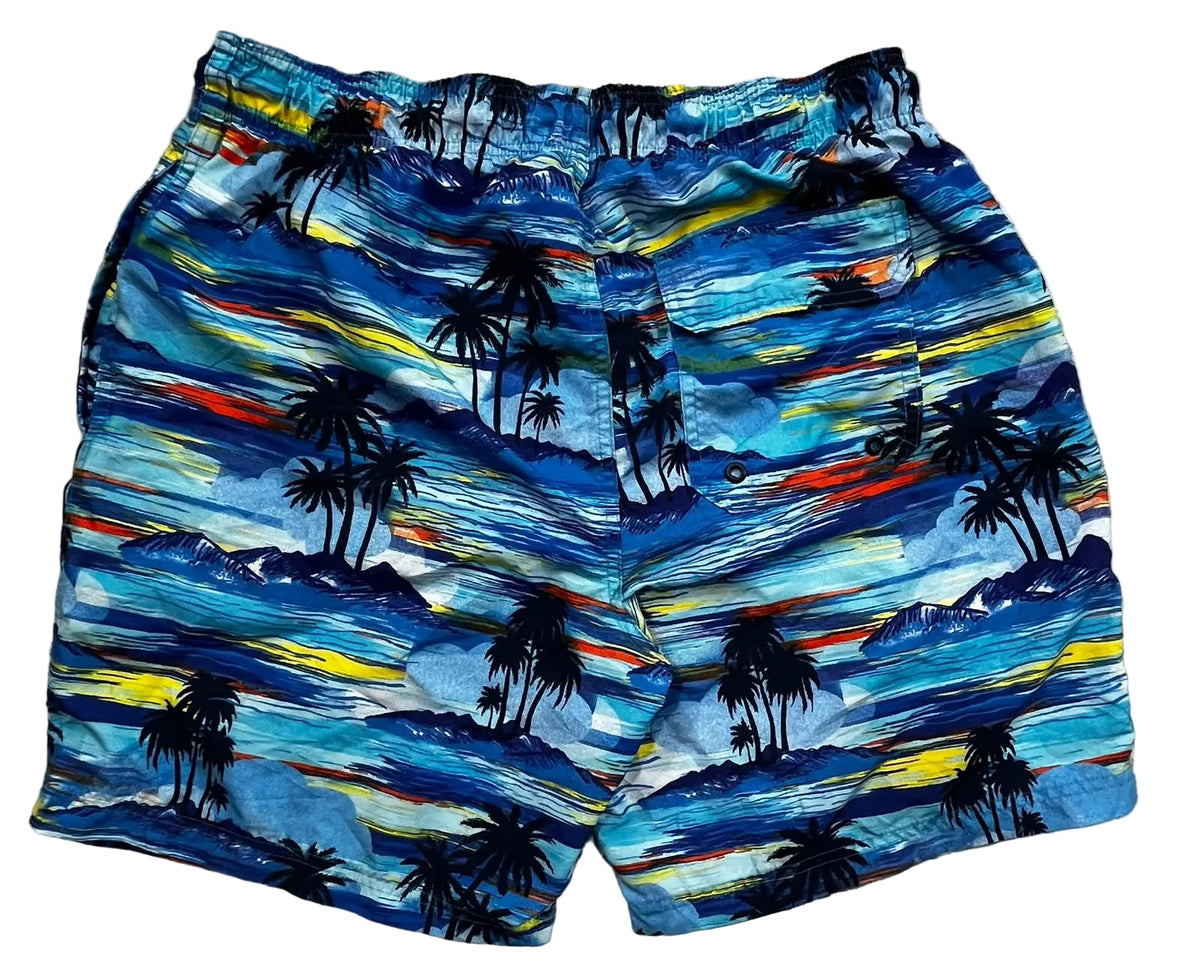 Blue tropical beach print swim trunks with black palm trees and sunset stripes, 