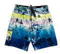 A pair of men's board shorts with a tropical beach print,. The print features blue, yellow, and pink watercolor stripes with black palm tree silhouettes and sailboats.