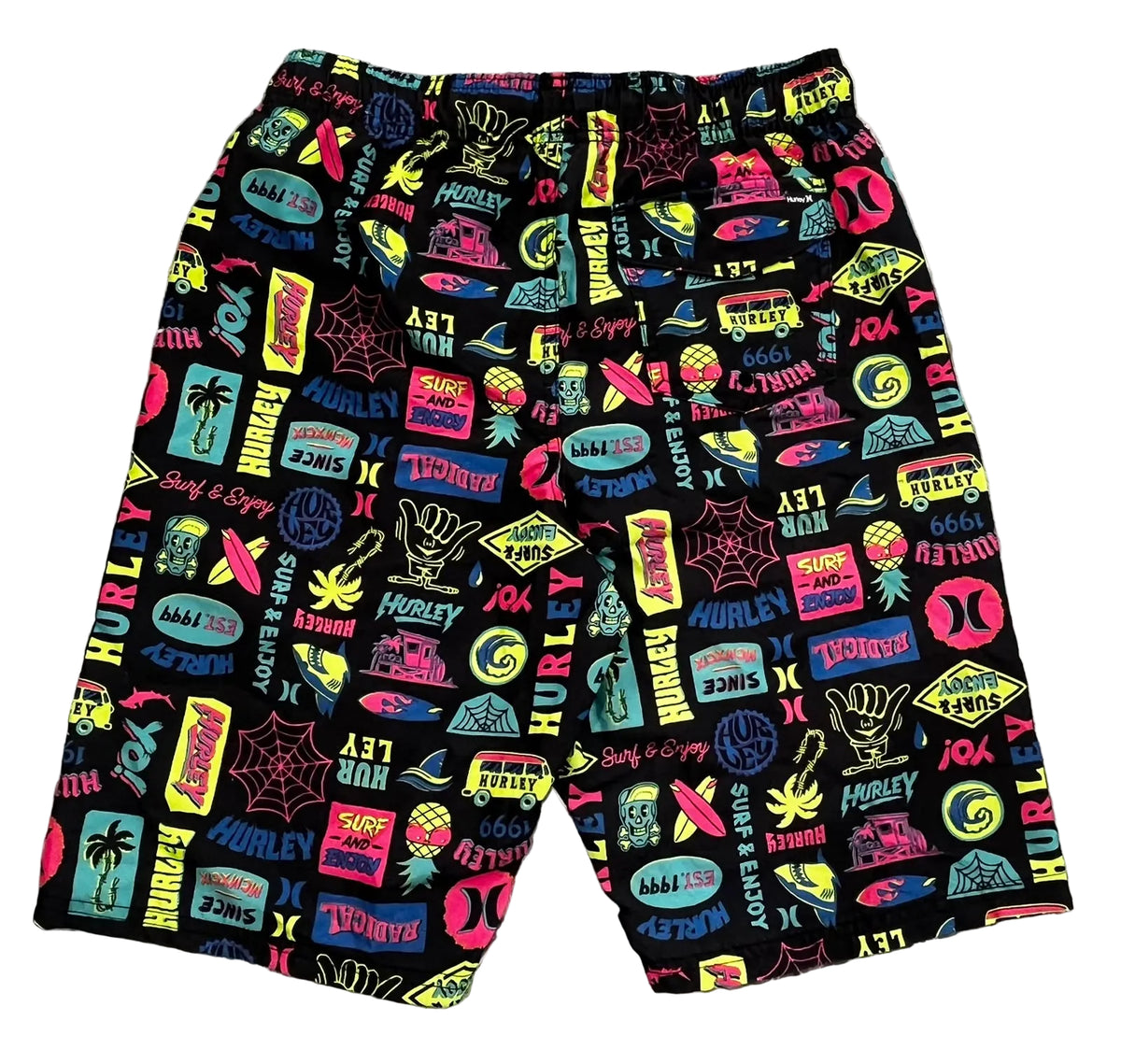 Black athletic shorts with a vibrant, colorful all-over print featuring retro music and sports graphics,