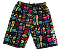A pair of black board shorts with a vibrant, multicolor graphic print featuring the Hurley brand name, surfboards, palm trees, and web motifs, 