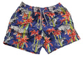 A pair of men's swim trunks featuring a vibrant blue tropical print with palm trees, leopards, zebras, and red flowers, 