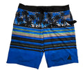 Blue and black board shorts with a palm tree pattern on the upper leg and horizontal blue, black, and tan stripes on the lower legs.