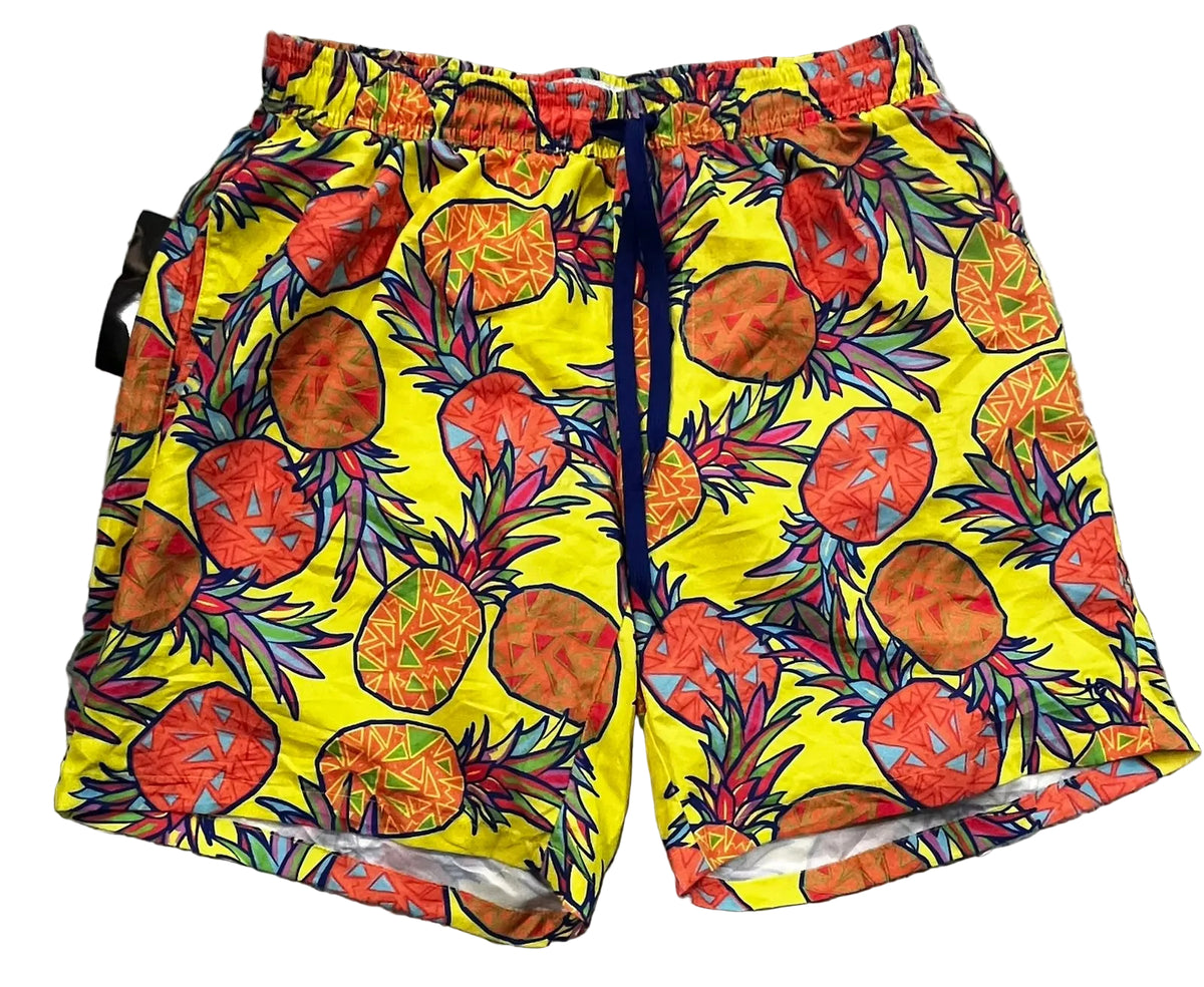 Bright yellow swim trunks with a colorful pineapple print, featuring red, orange, and green pineapples with a navy blue drawstring,