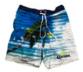 A pair of Corona brand men's swim trunks . The swim trunks feature a tropical beach print with a palm tree, blue ocean waves, and white clouds, with a navy blue waistband and white drawstrings.