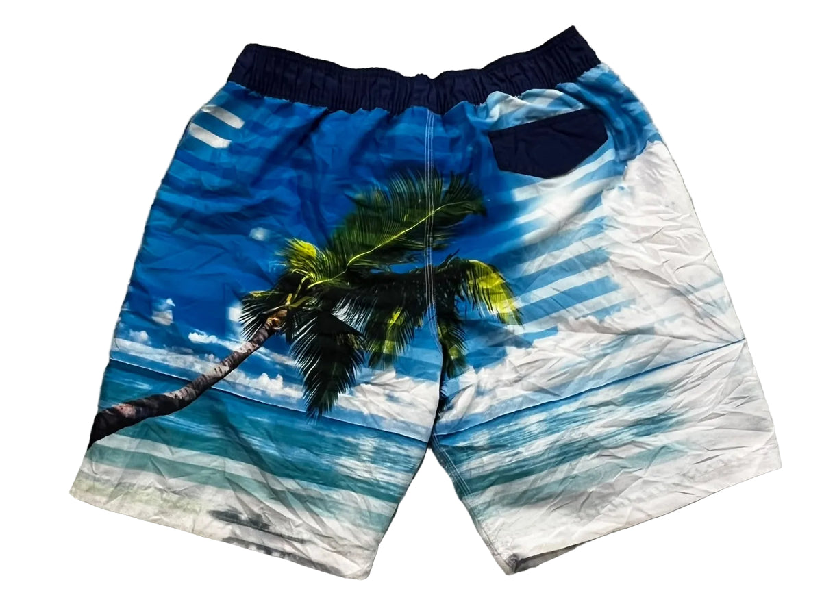 A pair of men's swim trunks featuring a tropical beach print with a palm tree, blue ocean, and white clouds,