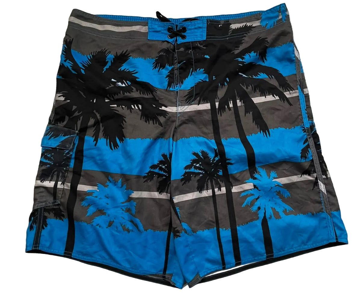 Blue and gray striped board shorts with black palm tree silhouettes,