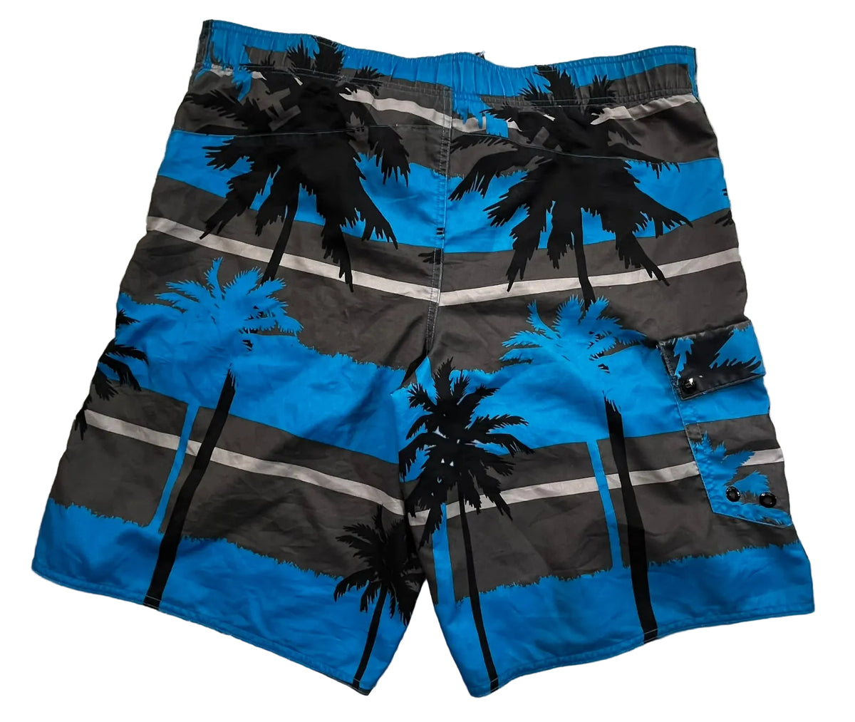 Blue and gray striped swim trunks with black palm tree silhouettes, 
