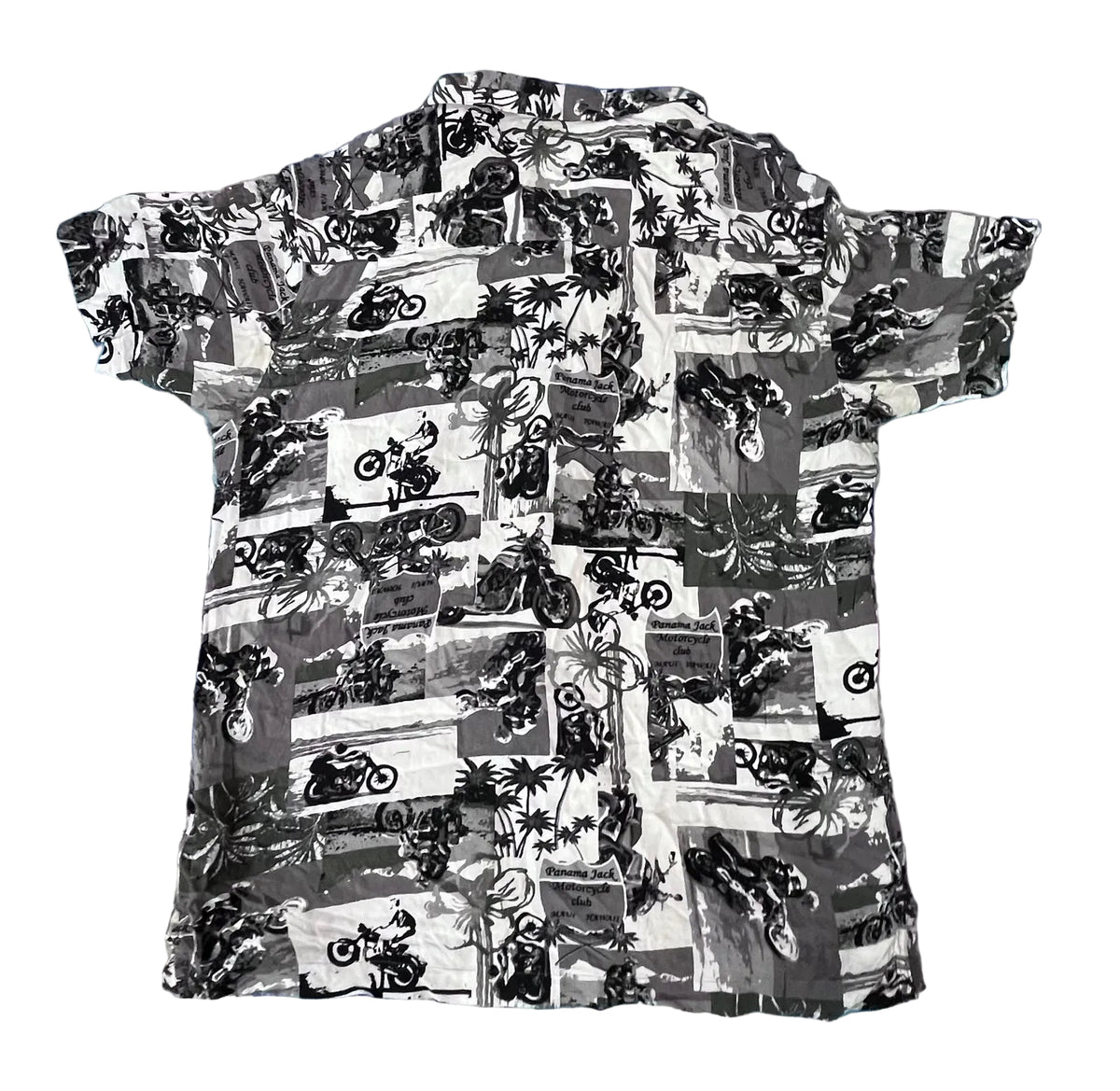 A short-sleeve button-up shirt with a black and white graphic print featuring motorcycles, palm trees, and retro panels, 